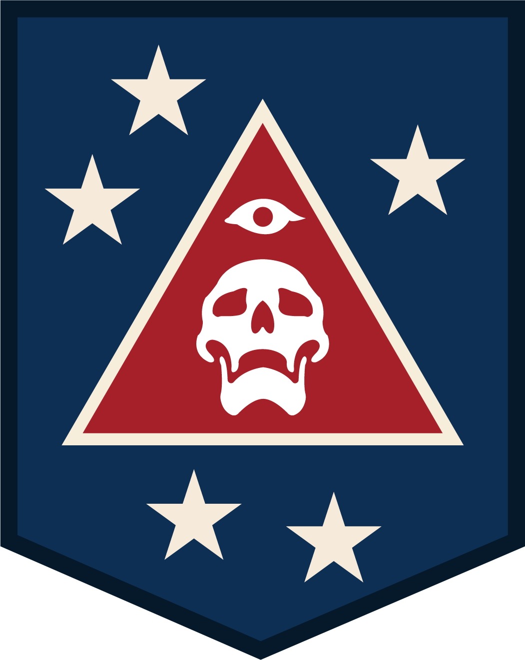 RGF shield patch in navy, red, and cream, with five stars around a red triangle, an open eye, and a skull