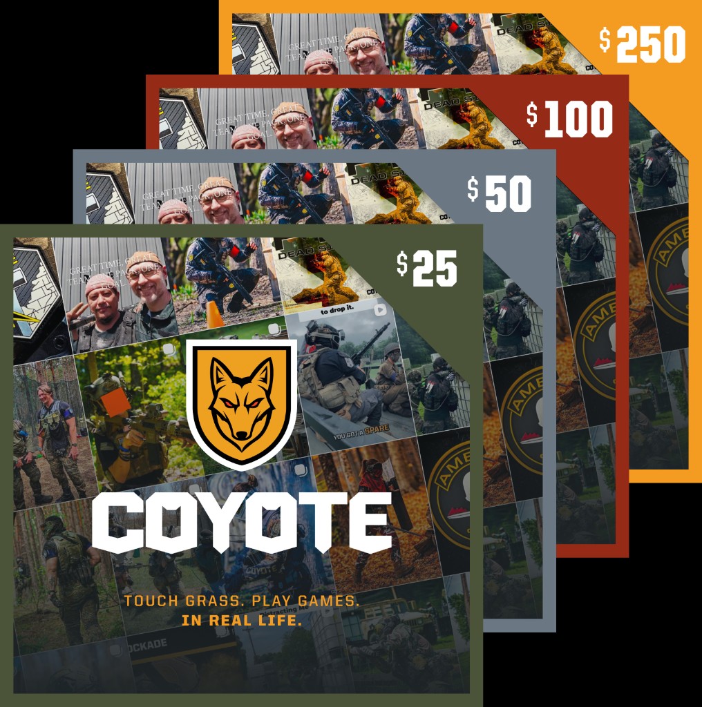 Coyote gift cards fanned from $25 to $250