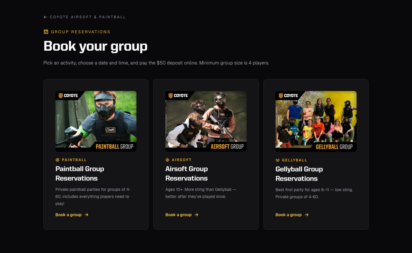 Group booking page with paintball, airsoft, and gellyball cards
