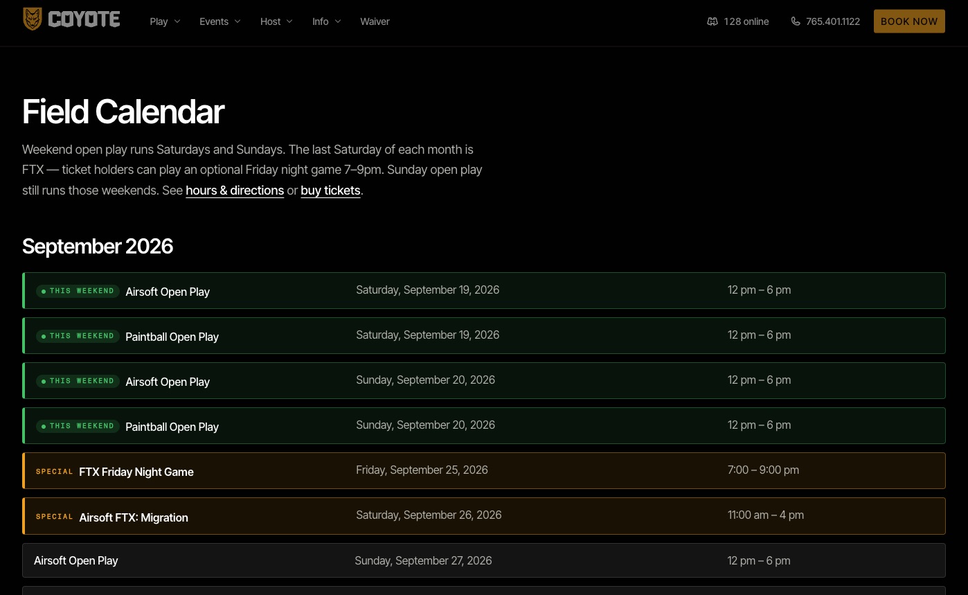 Field calendar for September, with this weekend open play and FTX Migration highlighted