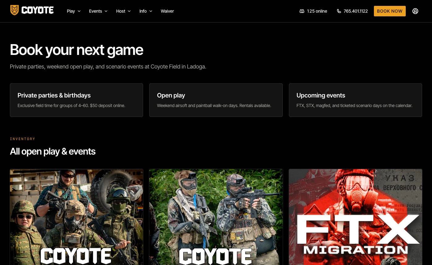 Events page with open play tickets and FTX Migration art