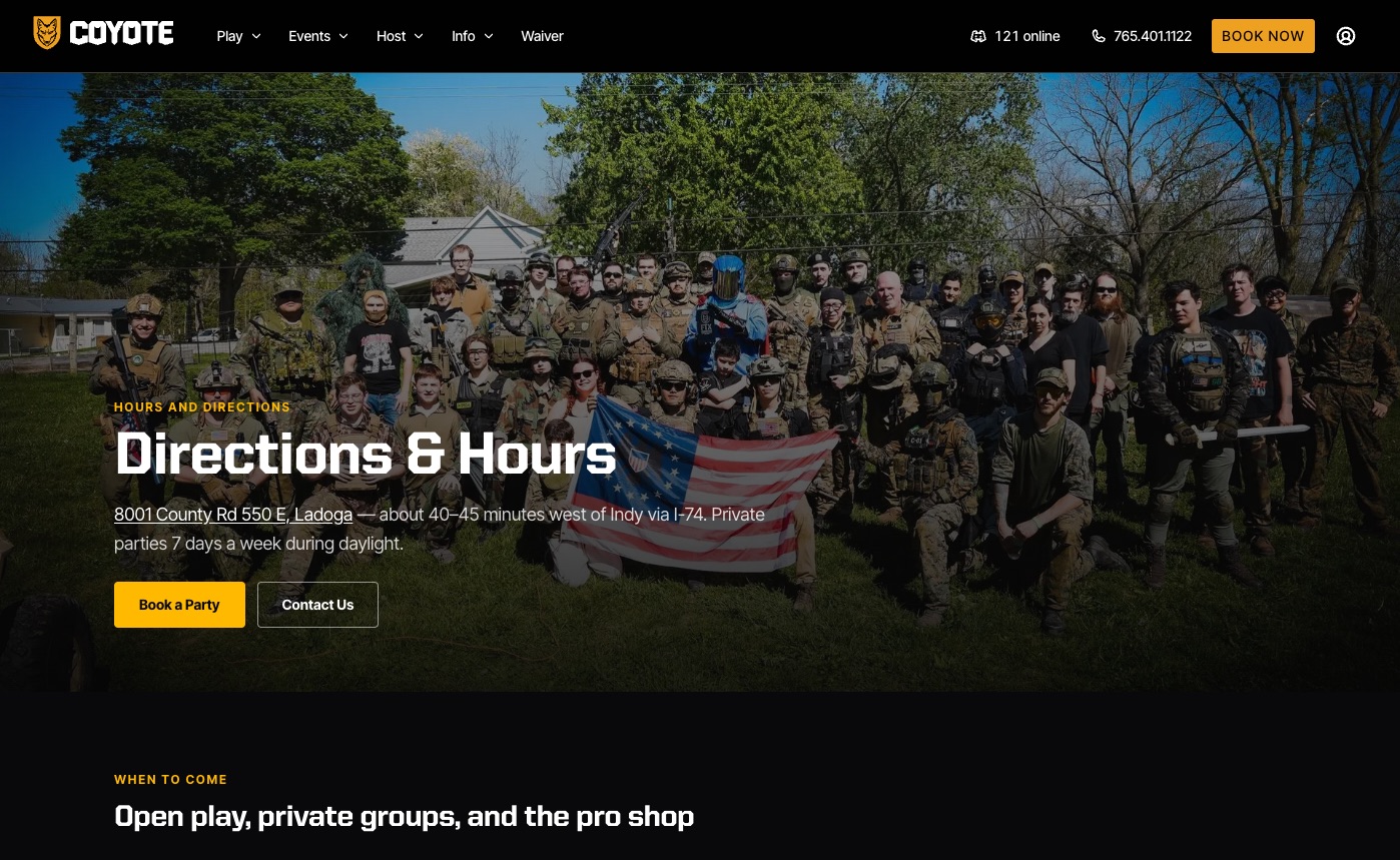 Directions and Hours page with a group photo on the Battlefield