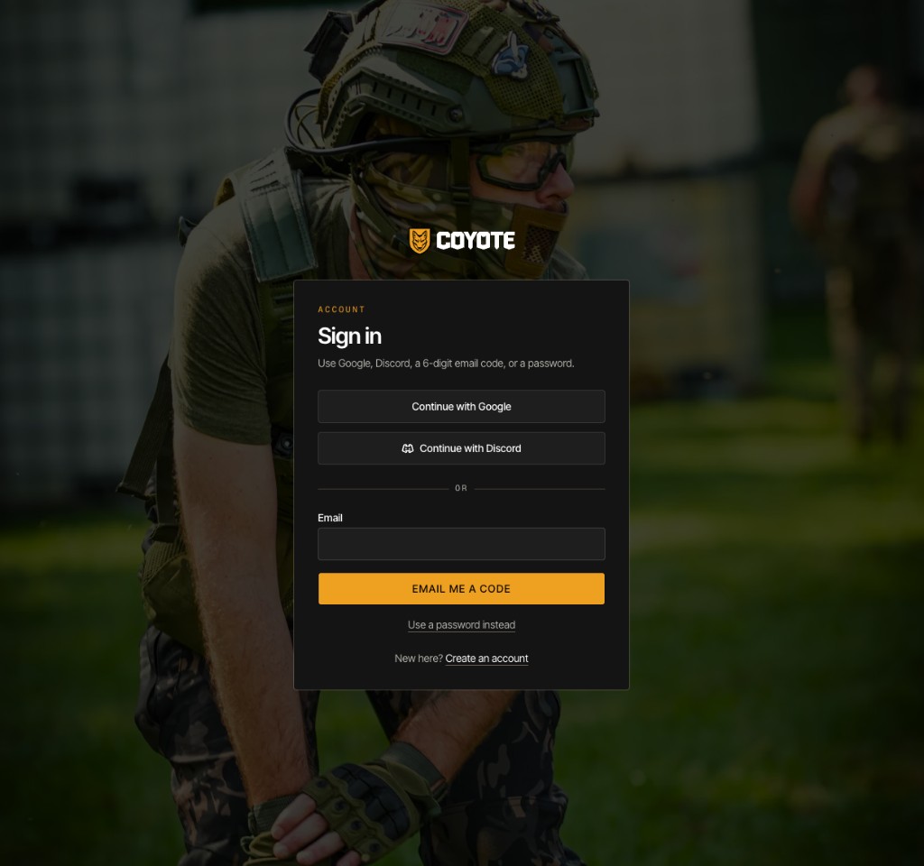 Sign in page with Continue with Discord, over a randomly selected photograph from a real game day